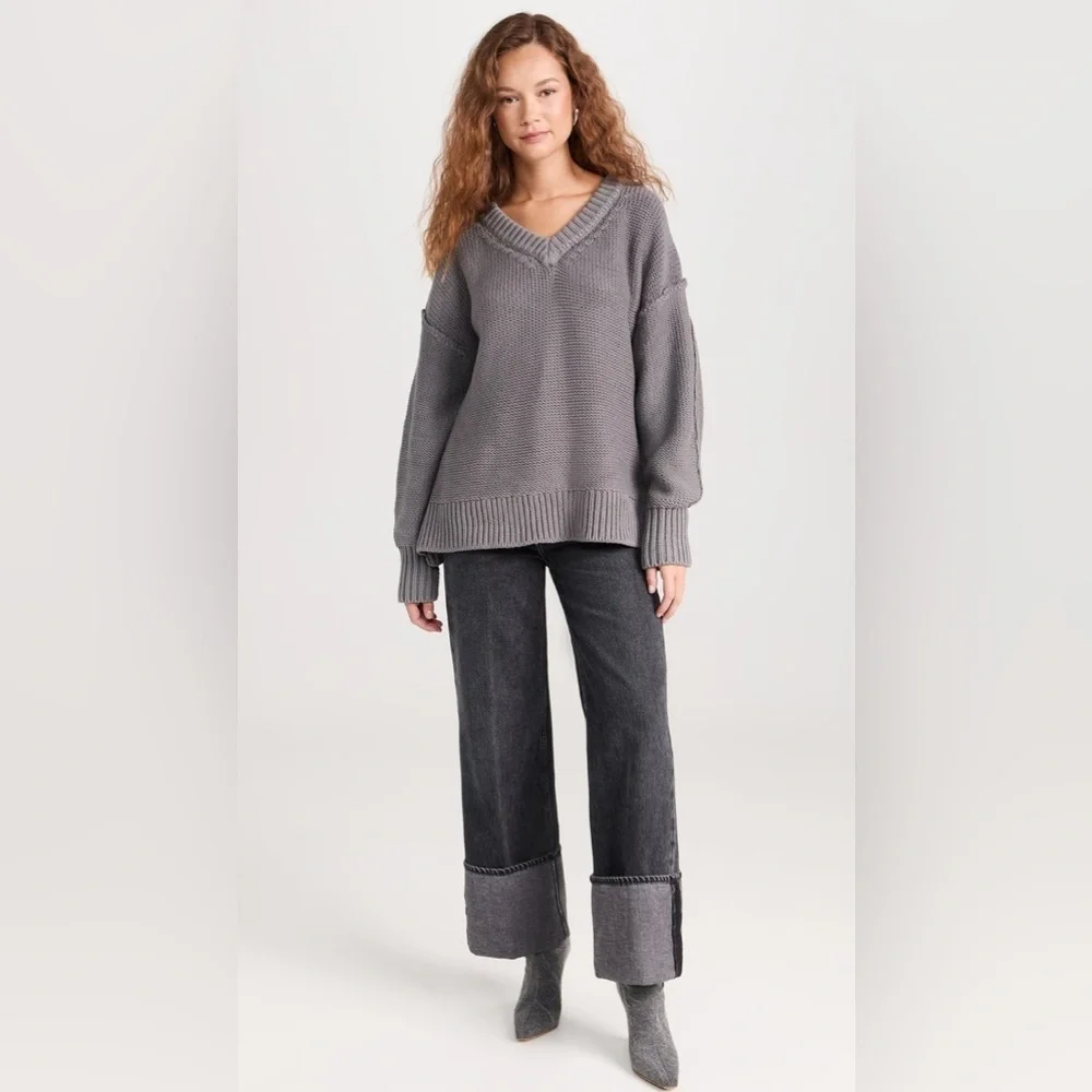 Free People Alli V Neck Knit Sweater Grey XS Oversized